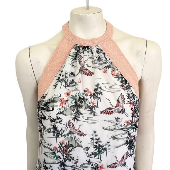 H&M Asian Garden Crane Bird Print Halter T-back Blouse SZ 6 - Picture 3 of 12